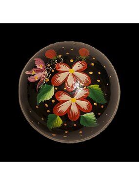 Vtg Black Lacquer Wood Trinket Box 3" Round Hand Painted Flower Butterfly